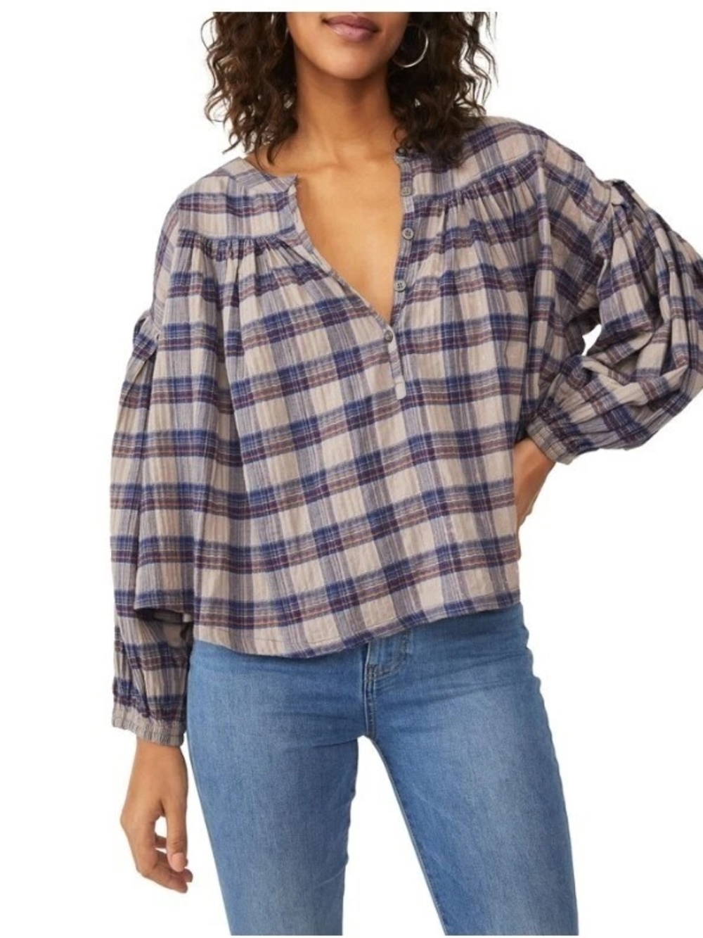Free People Jessi Plaid Peasant Blouse - Blue and Cream Size M